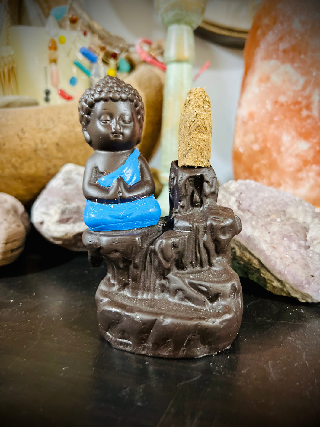 Blue Baby Buddha Waterfall Backflow Incense Holder 4.5″H