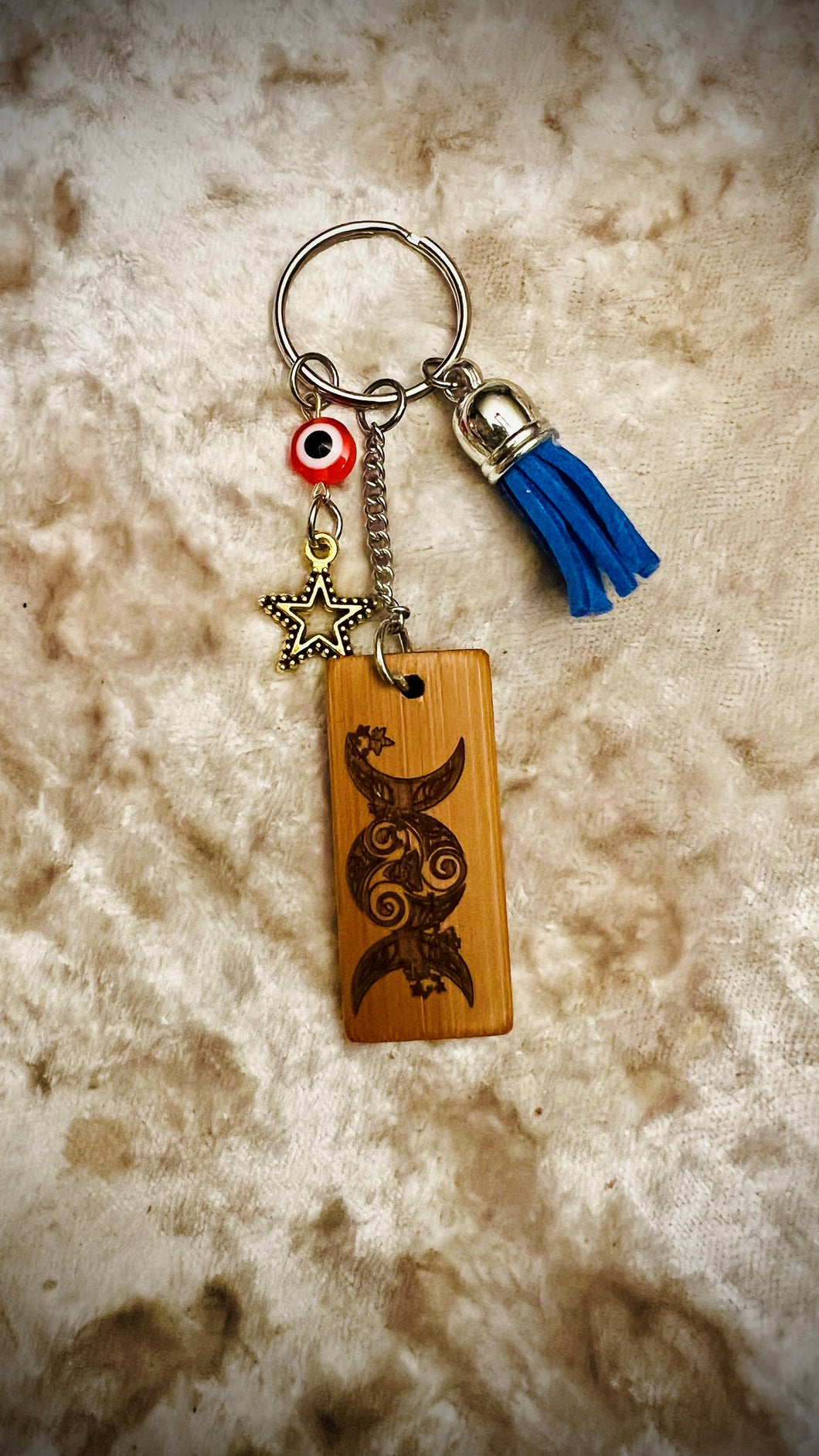 Triple Moon Double Sided Wooden Bamboo Keychain