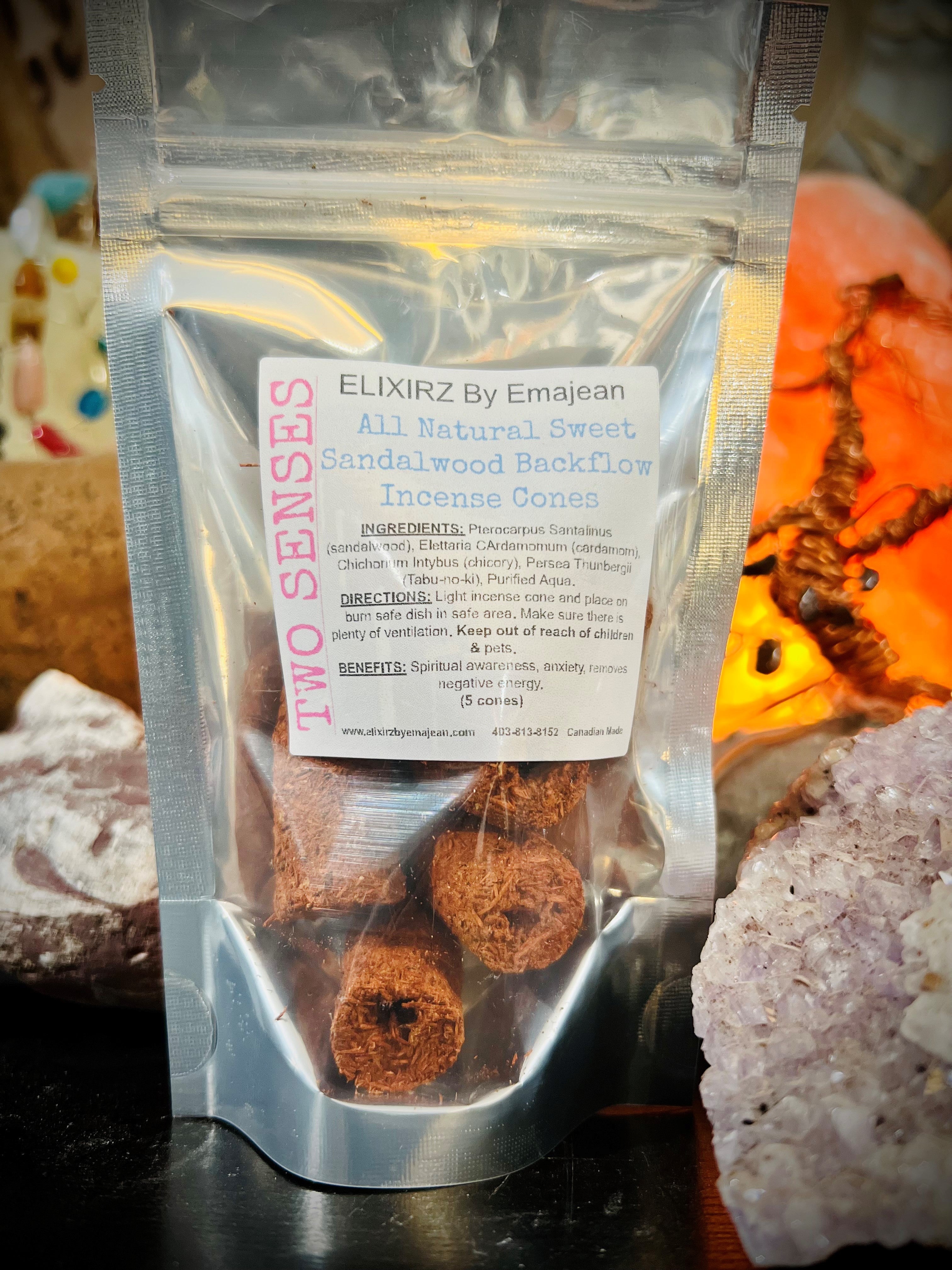 All Natural Sweet Sandalwood Backflow Incense Cones By TWO SENSES (5 x 1.5" cones)